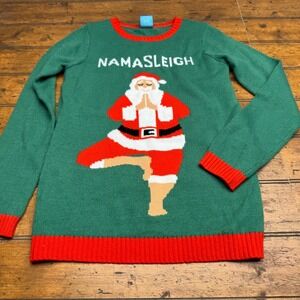 Norther Pole Namasleigh Santa Yoga Christmas Sweater Green Red Size S